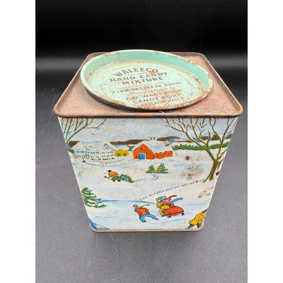 Vintage Waleeco Hard Candy Winter Scene Advertising Tin Can Box - D5 - Picture 1 of 9